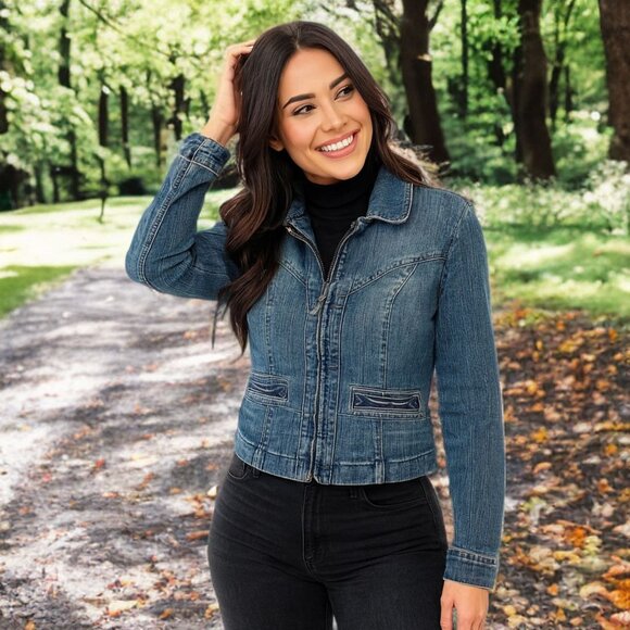 Jill Stuart Jeans Vintage Front Zip Denim Jacket V-Neck Classic Jean Blazer - Picture 1 of 11